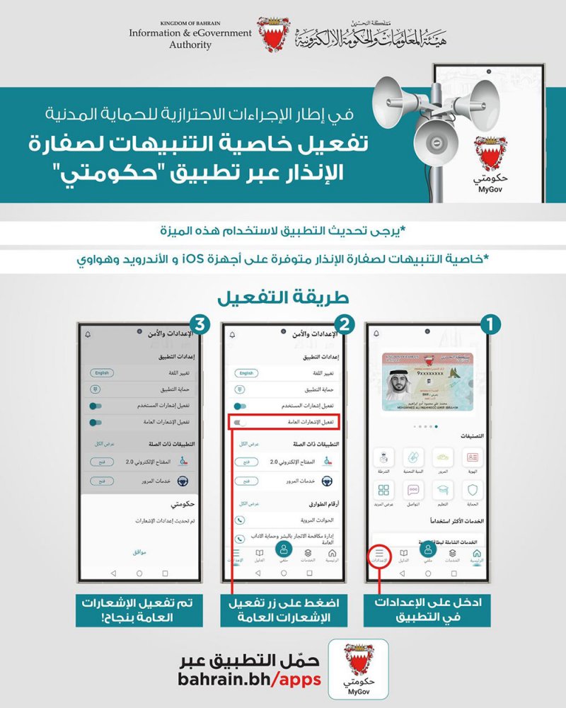 هيئة المعلومات والحكومة الإلكترونية: تفعيل خاصية التنبيهات وصفارات الإنذار عبر تطبيق "حكومتي"