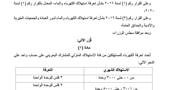 دور العبادة والجمعيات الخيرية والأندية والمراكز الشبابية والحدائق العامة والمنشآت الحكومية تطبق تعرفة الكهرباء والماء للاستهلاك المنزلي للمشترك غير البحريني 